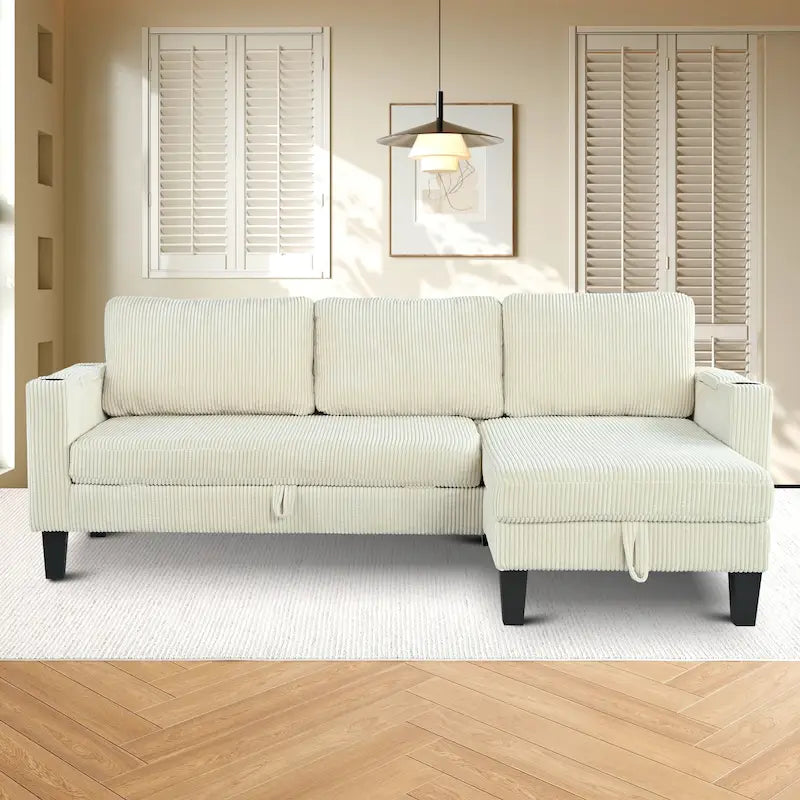 Christopher Knight Home - Reversible Fabric Sleeper L-Shaped Sectional Sofa with Storage Chaise, USB Ports & Cup Holders