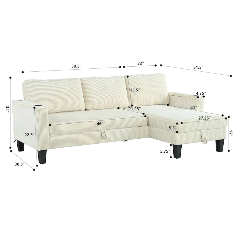 Christopher Knight Home - Divano letto componibile a L in tessuto reversibile con chaise longue contenitore, porte USB e portabicchieri