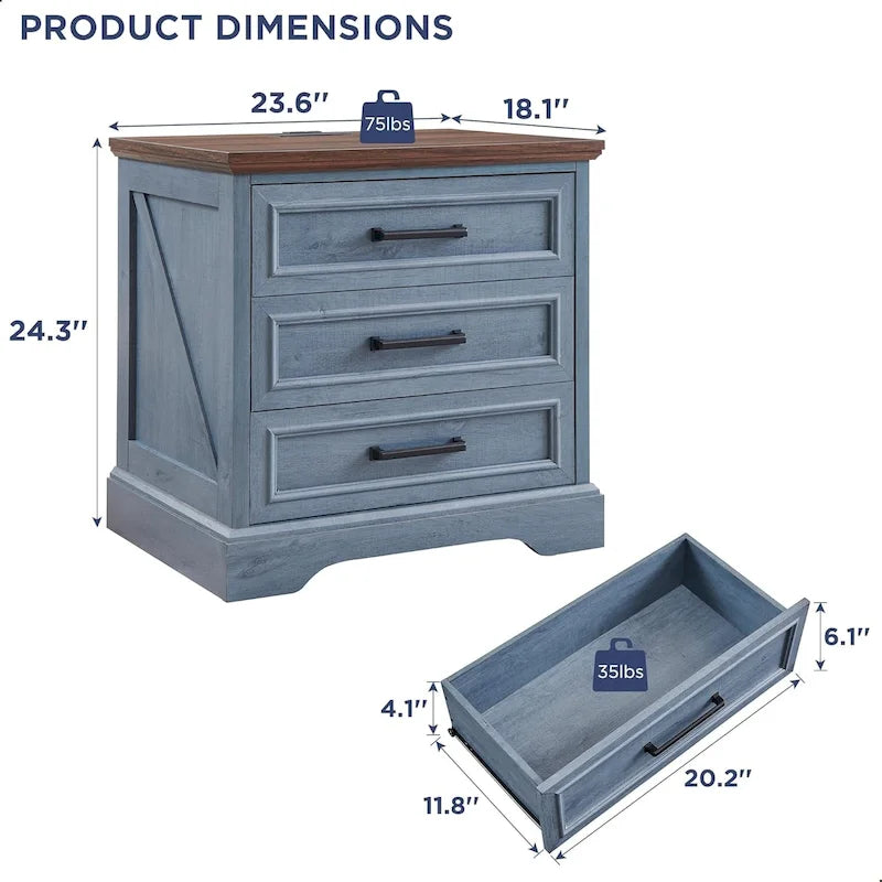 Comodino Farmhouse a 3 cassetti, tavolino largo con stazione di ricarica