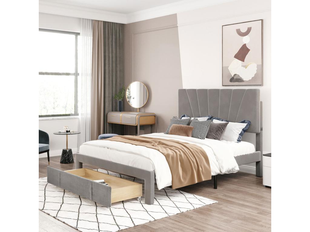 Letto in velluto grigio, 140 x 200 cm