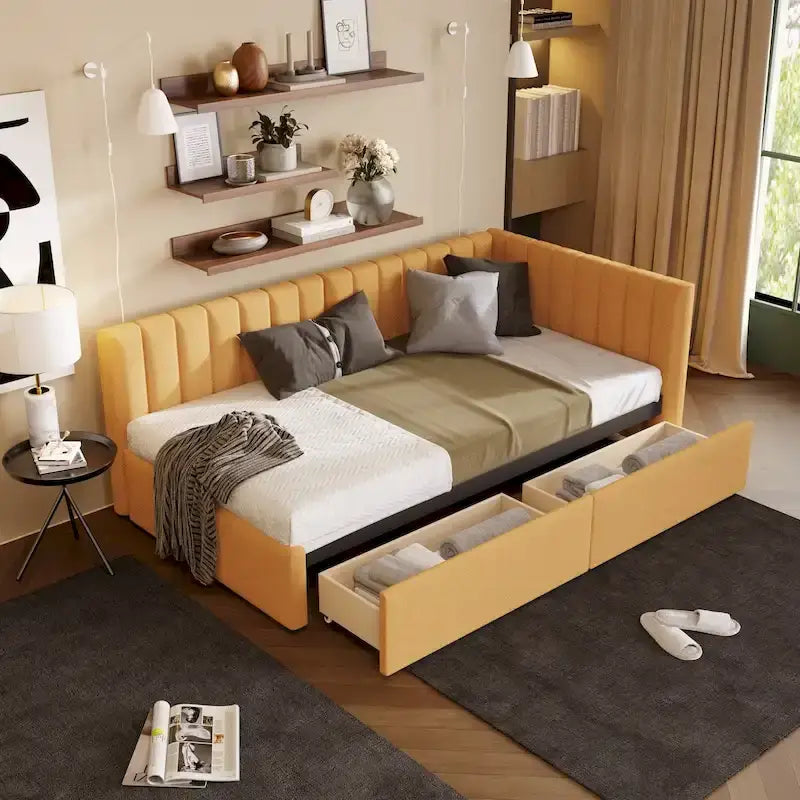 Divano letto imbottito con due cassetti portaoggetti