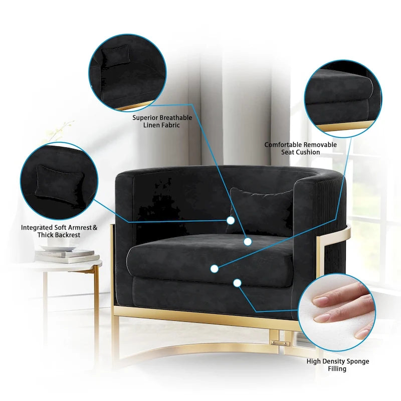 Poltrona decorativa, poltrona a botte in velluto, poltrona moderna per soggiorno