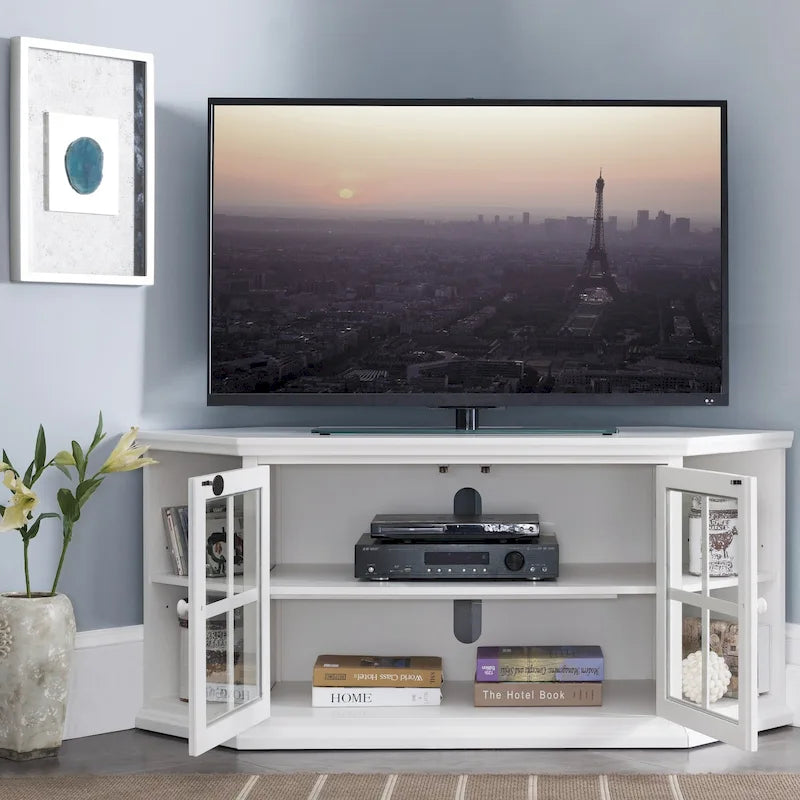 Leick Home Cottage White Corner TV Stand with Bookshelf Storage