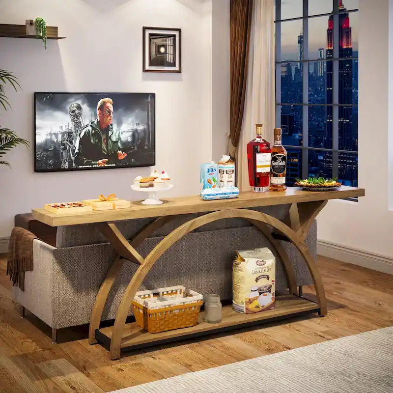 Tavolo da consolle stretto e lungo con struttura a mezzaluna