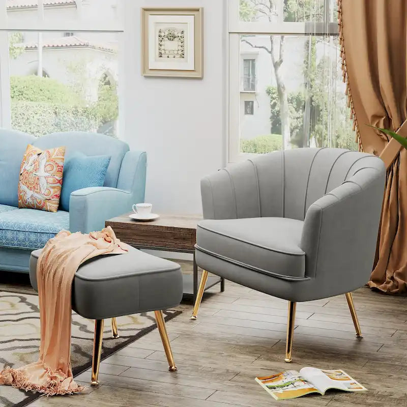 Poltrona Andeworld con poggiapiedi, poltrona laterale imbottita moderna singola, comoda poltrona da soggiorno Barrel Club