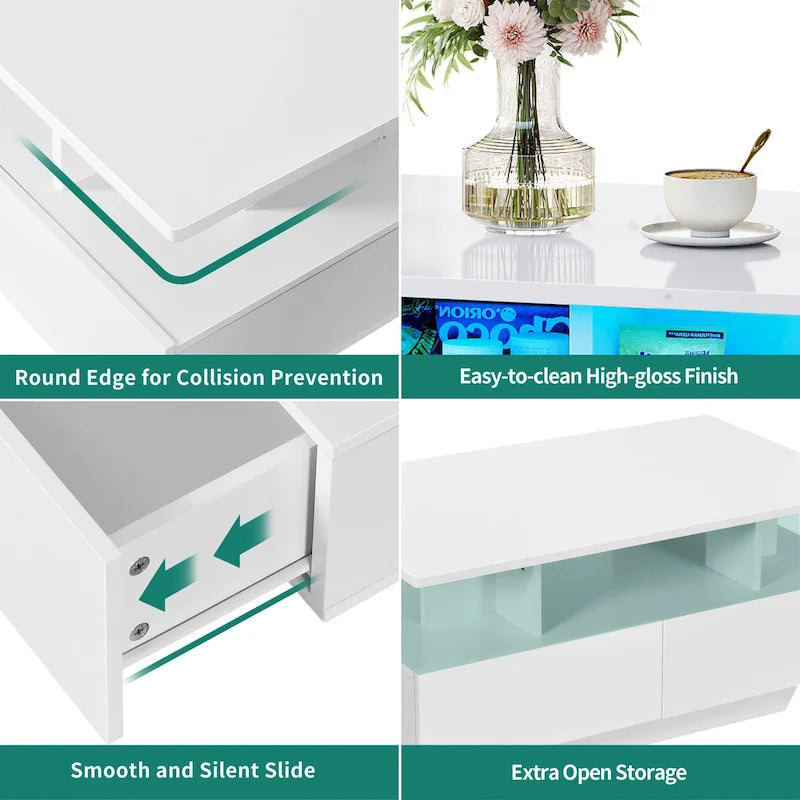 Tavolino da caffè moderno Moasis con contenitore, LED lucido per soggiorno