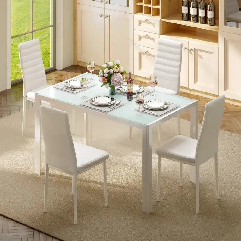 Set da pranzo in vetro da 5 pezzi, sedie da cucina moderne per 4 persone con schienale alto in similpelle