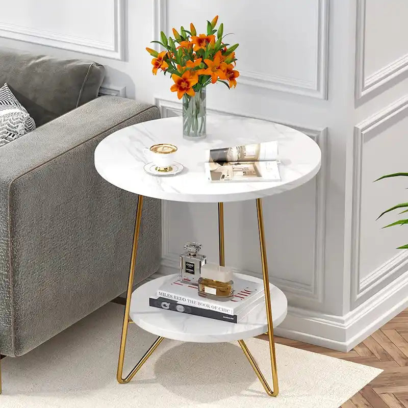 Tavolino rotondo, tavolino laterale in legno a 2 livelli per soggiorno, camera da letto