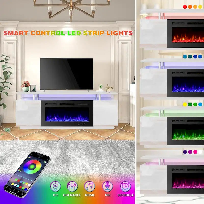 36 Mobile TV con camino elettrico, centro di intrattenimento e console TV per TV fino a 80 pollici, moderno termocamino per soggiorno