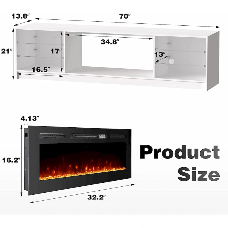36 Mobile TV con camino elettrico, centro di intrattenimento e console TV per TV fino a 80 pollici, moderno termocamino per soggiorno