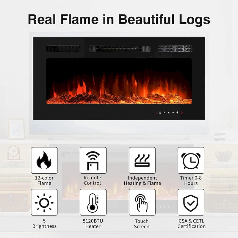 36 Mobile TV con camino elettrico, centro di intrattenimento e console TV per TV fino a 80 pollici, moderno termocamino per soggiorno