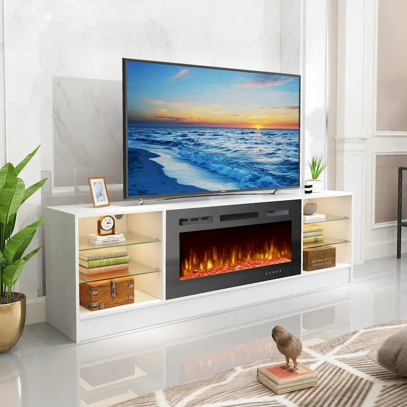 36 Mobile TV con camino elettrico, centro di intrattenimento e console TV per TV fino a 80 pollici, moderno termocamino per soggiorno