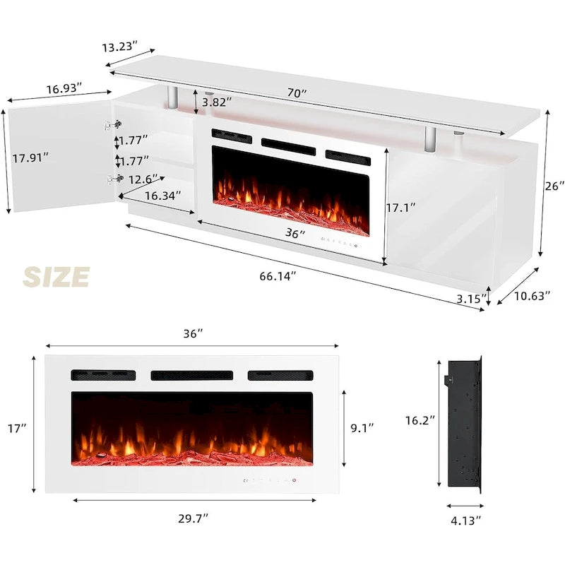 36 Mobile TV con camino elettrico, centro di intrattenimento e console TV per TV fino a 80 pollici, moderno termocamino per soggiorno