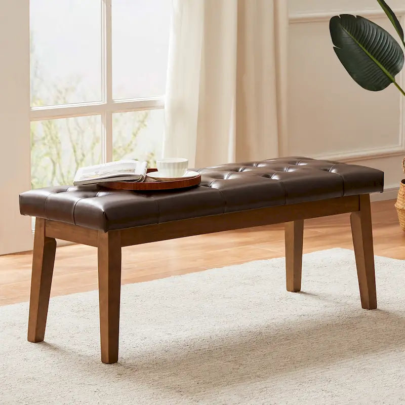 Panca con bottoni trapuntati per la fine del letto, panca per l'ingresso in legno massello beige/nero/marrone, pelle, tessuto, 44 ​​pollici