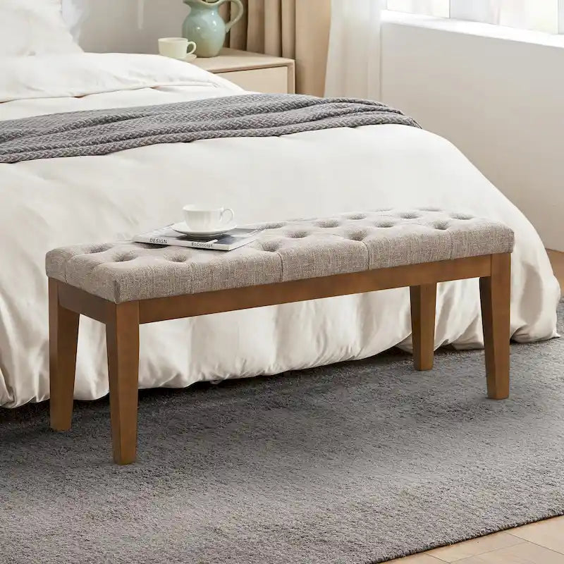 Panca con bottoni trapuntati per la fine del letto, panca per l'ingresso in legno massello beige/nero/marrone, pelle, tessuto, 44 ​​pollici