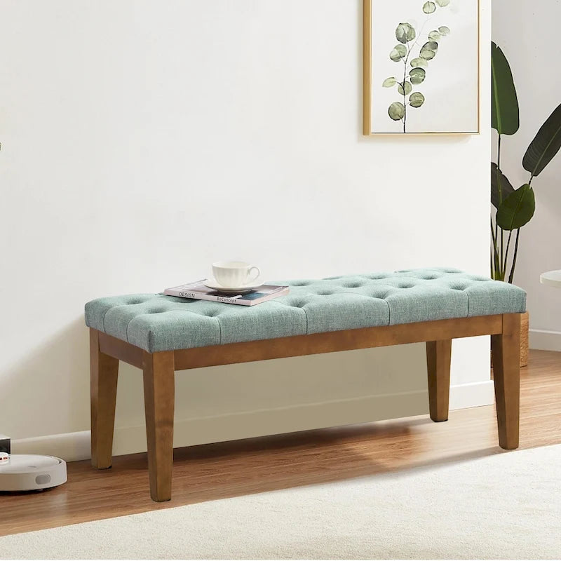 Panca con bottoni trapuntati per la fine del letto, panca per l'ingresso in legno massello beige/nero/marrone, pelle, tessuto, 44 ​​pollici