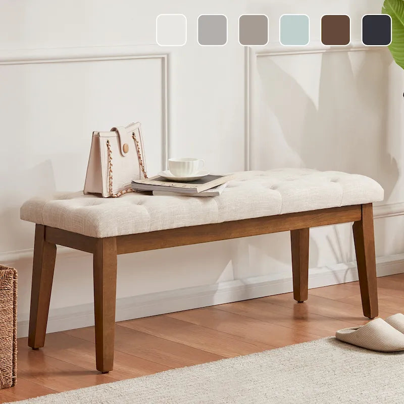 Button-Tufted Bench for End of Bed, Entryway Bench Beige/ Black/ Brown Solid Wood, Leather, Fabric 44-inch