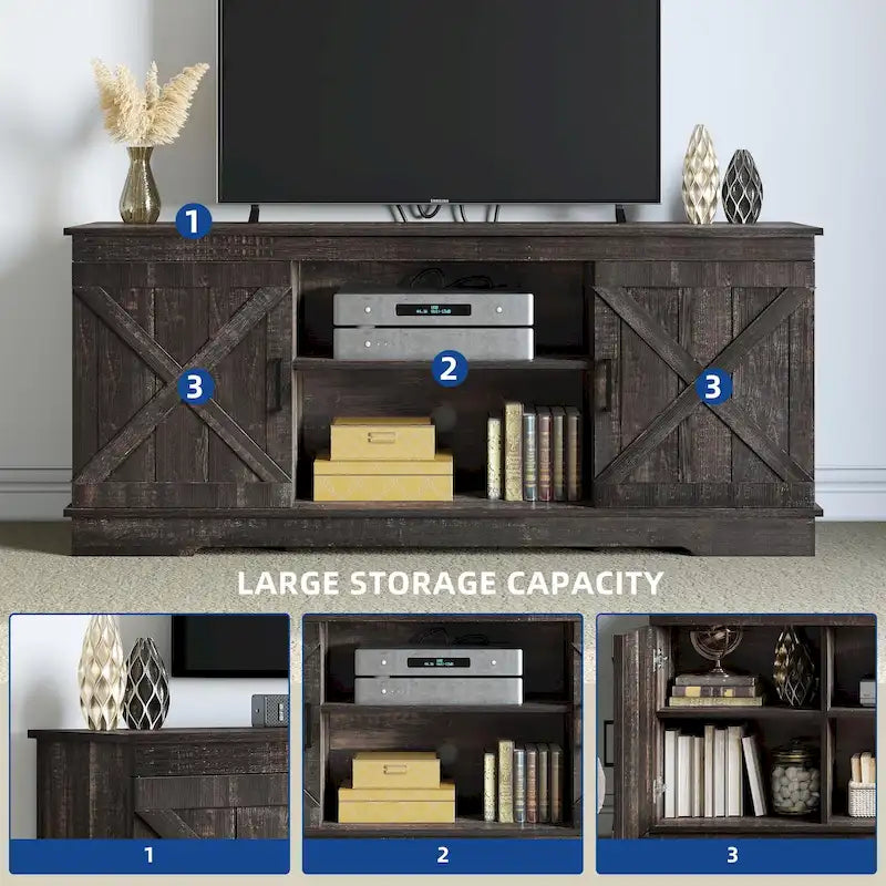 Mobile TV da fattoria per TV da 65 pollici, console multimediale, centro di intrattenimento, porte rustiche del fienile