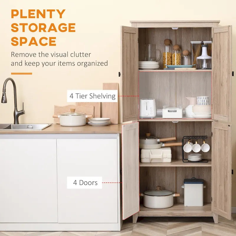 HOMCOM 72 Mobile dispensa da cucina indipendente a 4 ante, mobiletto portaoggetti con 4 ripiani e ripiani regolabili, bianco