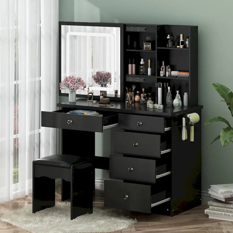 Tavolo da toeletta con specchio per il trucco illuminato e stazione di ricarica