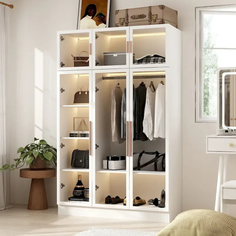 Armadio guardaroba con ante in vetro e luce LED da 47,2 pollici