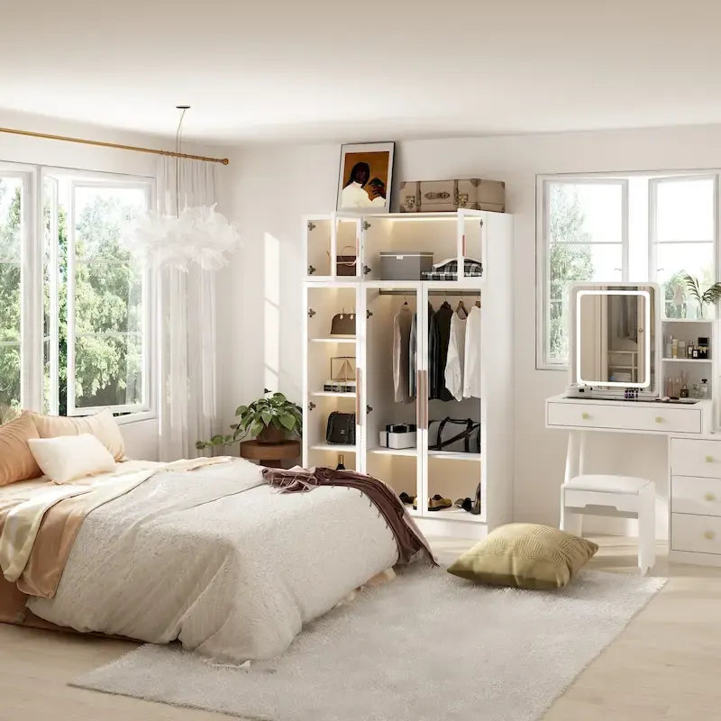 Armadio guardaroba con ante in vetro e luce LED da 47,2 pollici