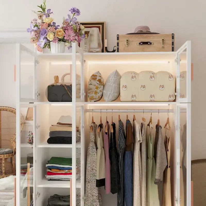 Armadio guardaroba con ante in vetro e luce LED da 47,2 pollici