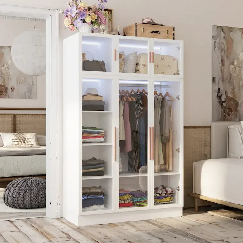 Armadio guardaroba con ante in vetro e luce LED da 47,2 pollici