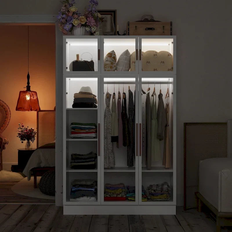 Armadio guardaroba con ante in vetro e luce LED da 47,2 pollici