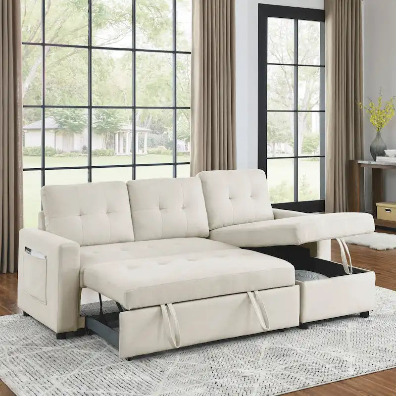 MH 78.5  Sleeper Sofa Bed Reversible Sectional Couch with Storage Chaise and Side storage bag for Small Space Living Room Furnit