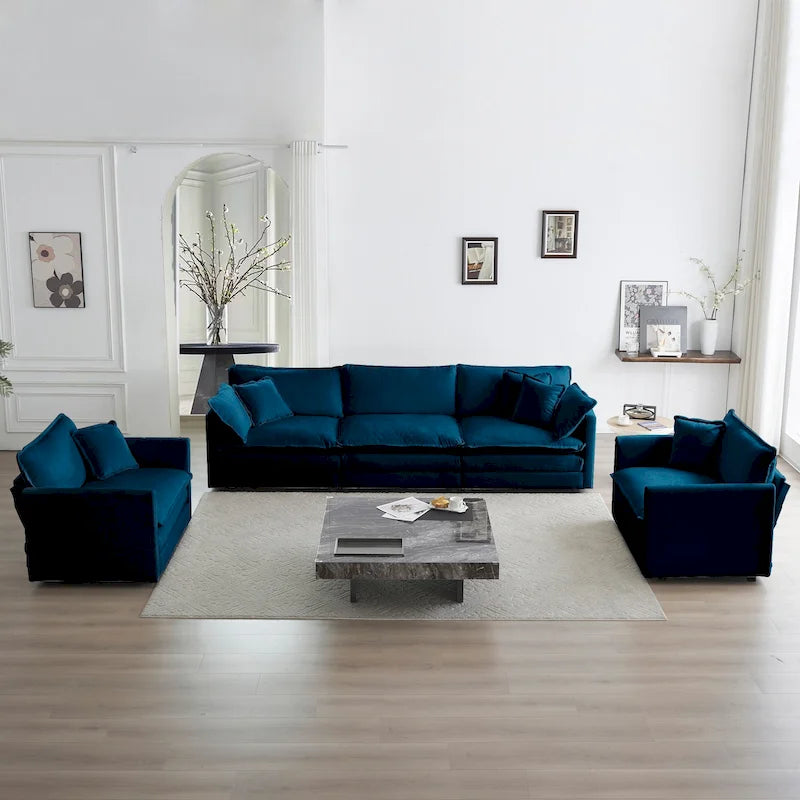 Sofa Set of 3, 1+1+3 Seats Living Room Sofa Set, Accent Chair, Loveseat, and Three-Seat Sofa Modern Style Round Arms 3 Piece Sof