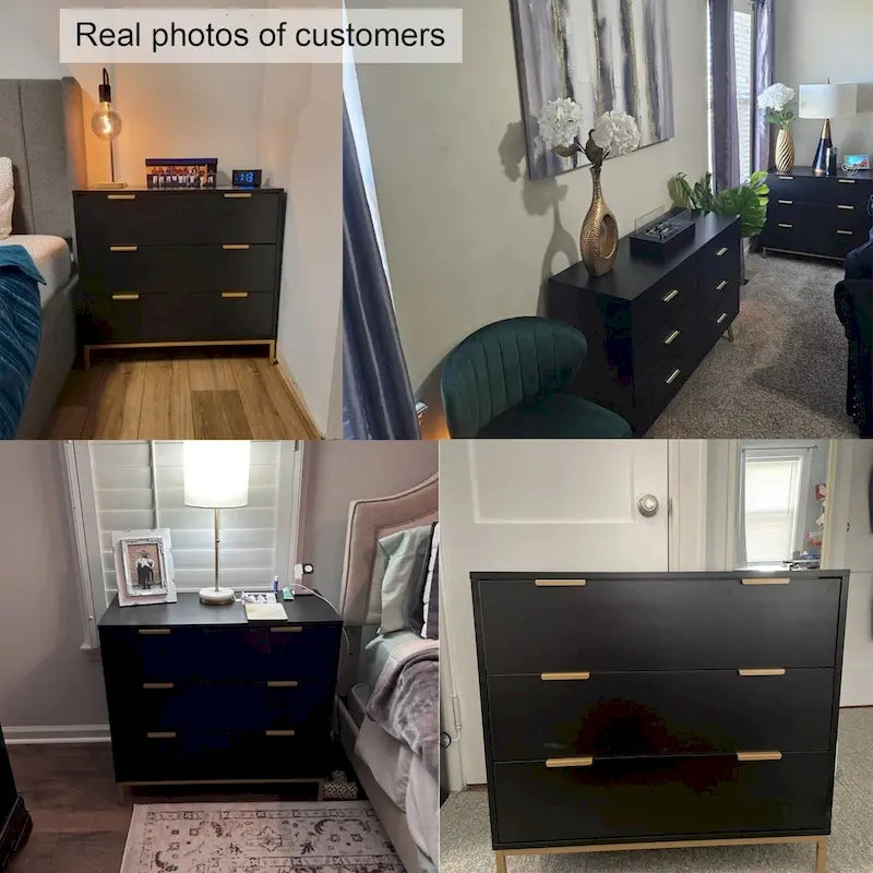 Cassettiera moderna in legno con 3 cassetti, 31,5 W, nera, organizer per camera da letto