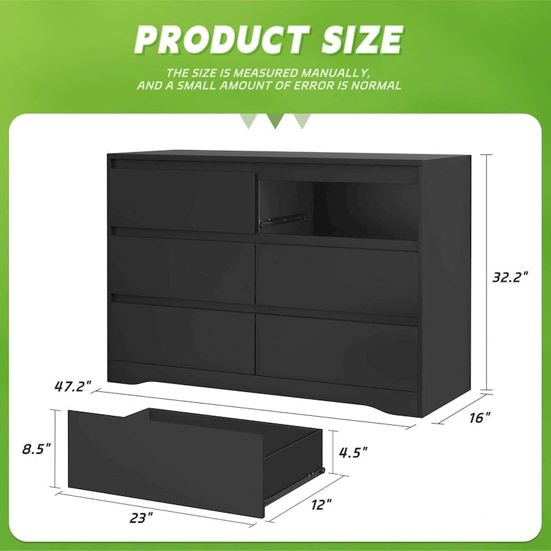 47.2  W 6-Drawer Wooden Bedroom Double Dresser Chest of Drawers