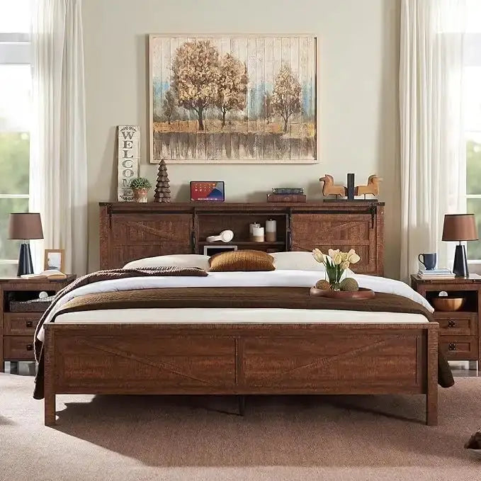 Struttura letto matrimoniale stile fattoria con ripiani portaoggetti e stazione di ricarica