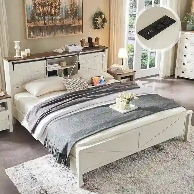 Farmhouse Queen Size Bed Frame with Storage Shelves & Charging Station