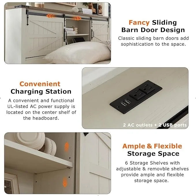 Struttura letto matrimoniale stile fattoria con ripiani portaoggetti e stazione di ricarica