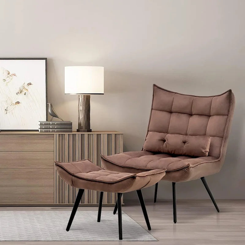 Poltrona Mcombo con poggiapiedi, poltrona con schienale alto imbottito in velluto, sedie imbottite con gambe in metallo per camera da letto e soggiorno 4079