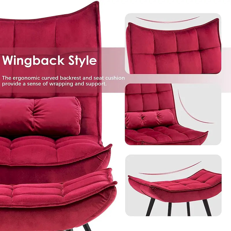 Poltrona Mcombo con poggiapiedi, poltrona con schienale alto imbottito in velluto, sedie imbottite con gambe in metallo per camera da letto e soggiorno 4079