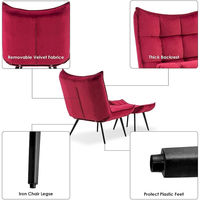 Poltrona Mcombo con poggiapiedi, poltrona con schienale alto imbottito in velluto, sedie imbottite con gambe in metallo per camera da letto e soggiorno 4079