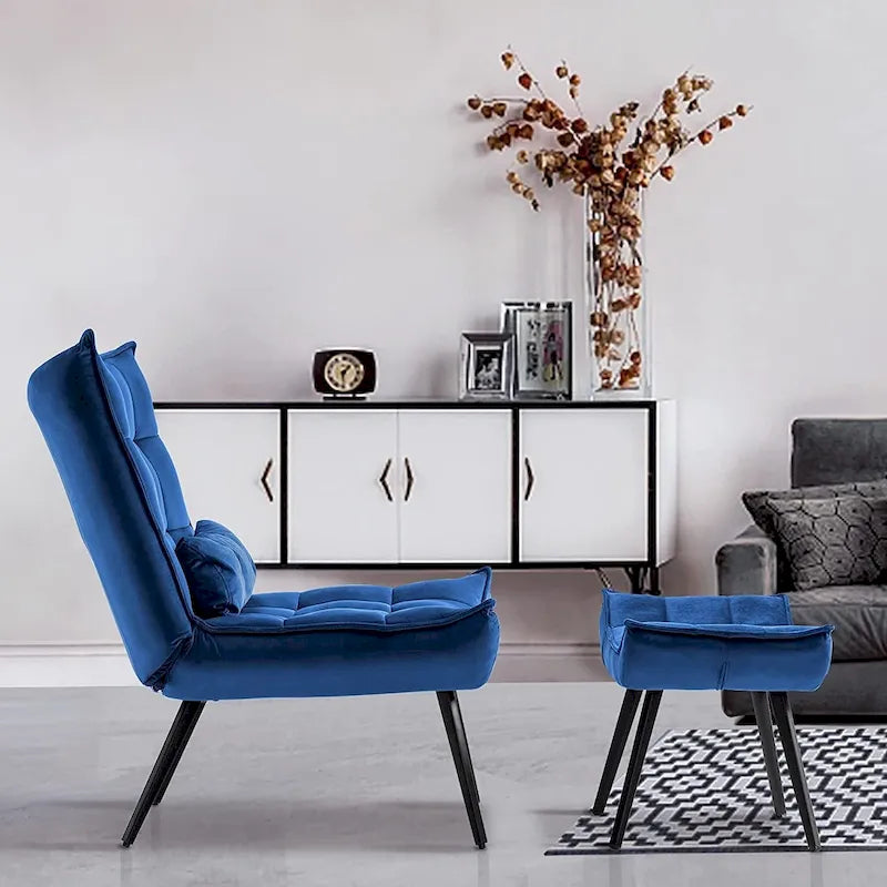 Poltrona Mcombo con poggiapiedi, poltrona con schienale alto imbottito in velluto, sedie imbottite con gambe in metallo per camera da letto e soggiorno 4079