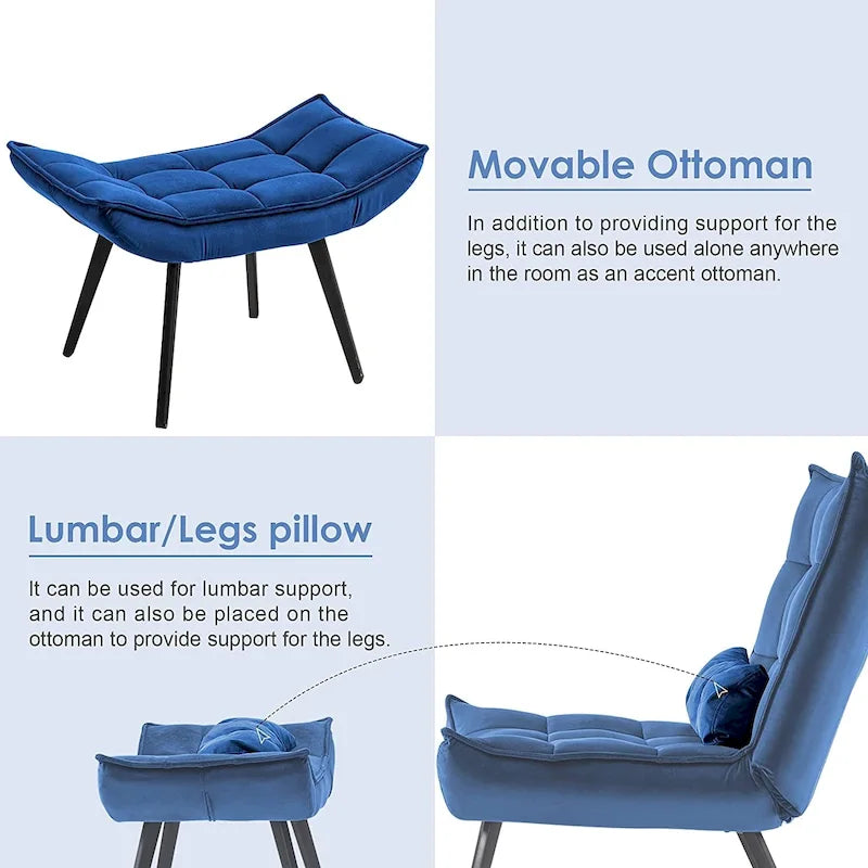 Poltrona Mcombo con poggiapiedi, poltrona con schienale alto imbottito in velluto, sedie imbottite con gambe in metallo per camera da letto e soggiorno 4079