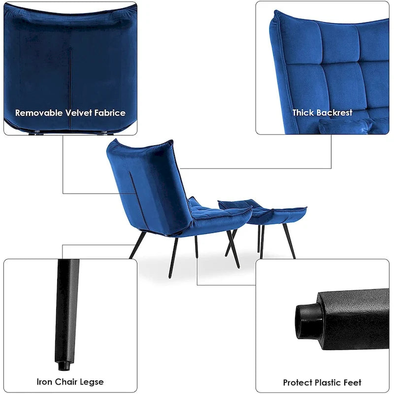 Poltrona Mcombo con poggiapiedi, poltrona con schienale alto imbottito in velluto, sedie imbottite con gambe in metallo per camera da letto e soggiorno 4079