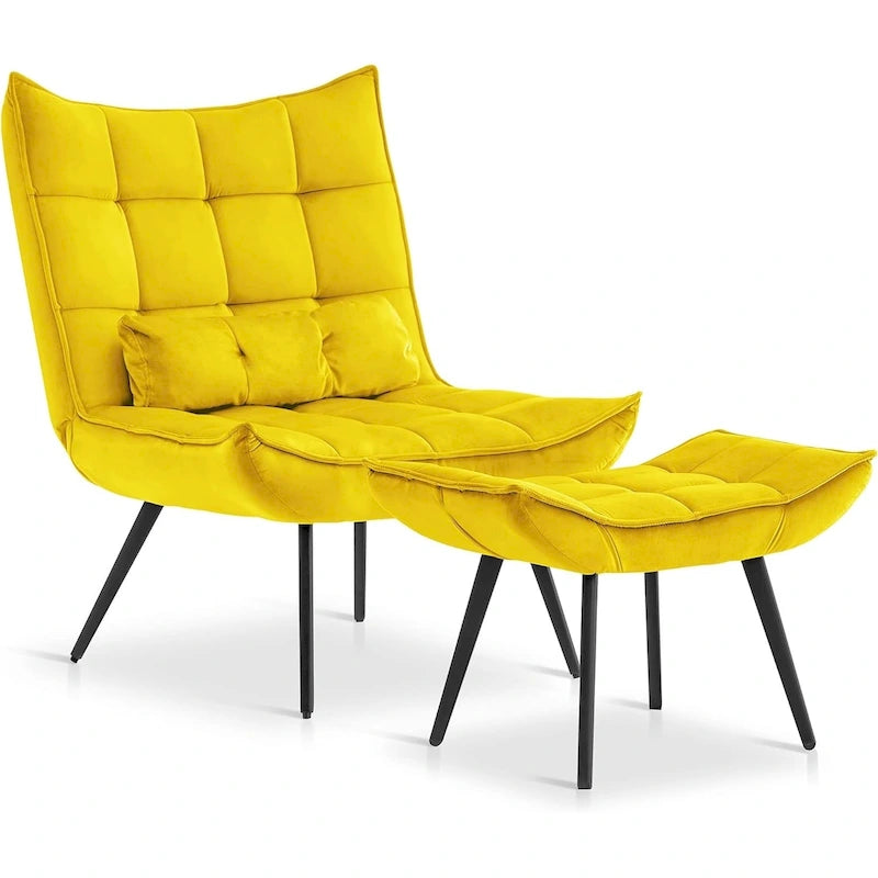 Poltrona Mcombo con poggiapiedi, poltrona con schienale alto imbottito in velluto, sedie imbottite con gambe in metallo per camera da letto e soggiorno 4079