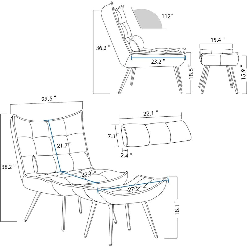 Poltrona Mcombo con poggiapiedi, poltrona con schienale alto imbottito in velluto, sedie imbottite con gambe in metallo per camera da letto e soggiorno 4079