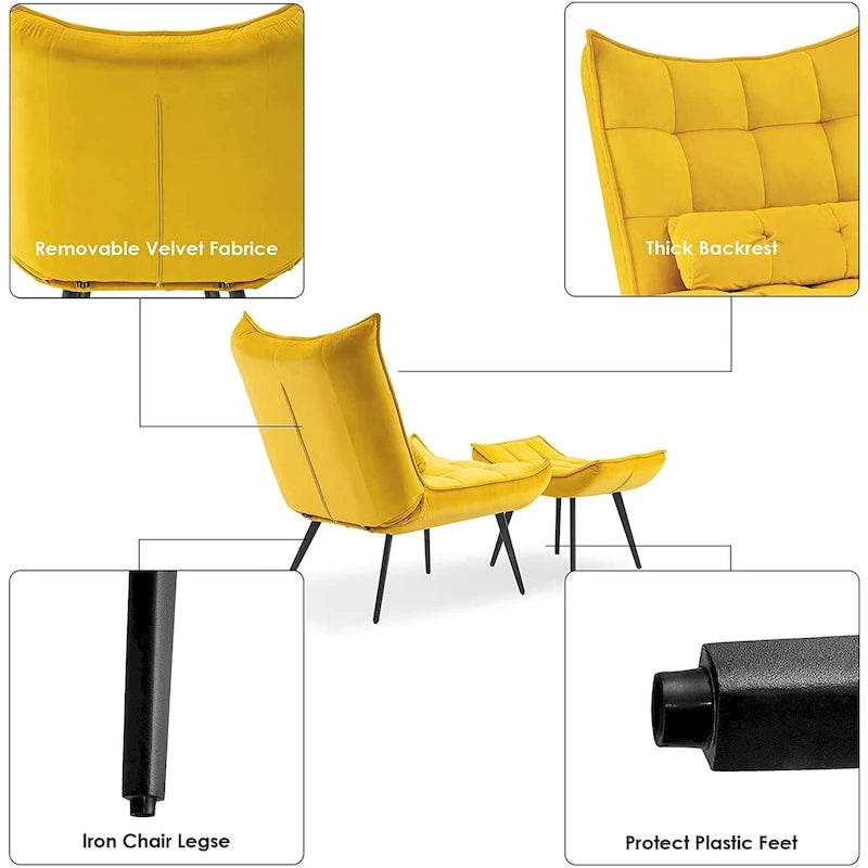 Poltrona Mcombo con poggiapiedi, poltrona con schienale alto imbottito in velluto, sedie imbottite con gambe in metallo per camera da letto e soggiorno 4079