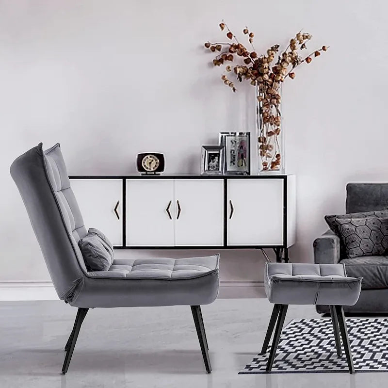 Poltrona Mcombo con poggiapiedi, poltrona con schienale alto imbottito in velluto, sedie imbottite con gambe in metallo per camera da letto e soggiorno 4079