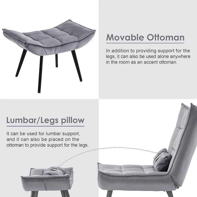 Poltrona Mcombo con poggiapiedi, poltrona con schienale alto imbottito in velluto, sedie imbottite con gambe in metallo per camera da letto e soggiorno 4079