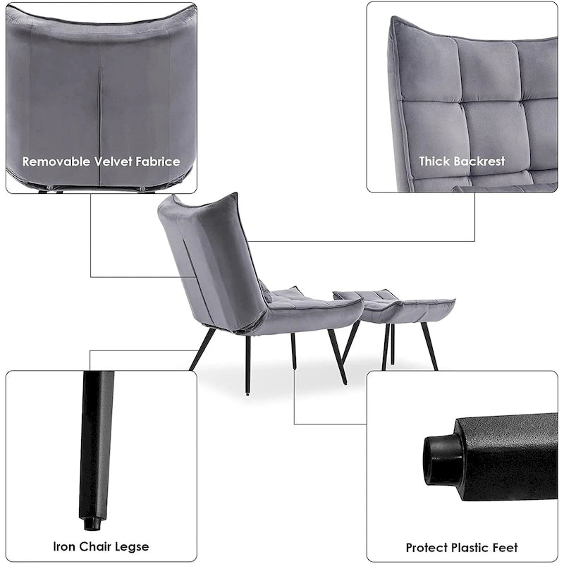 Poltrona Mcombo con poggiapiedi, poltrona con schienale alto imbottito in velluto, sedie imbottite con gambe in metallo per camera da letto e soggiorno 4079