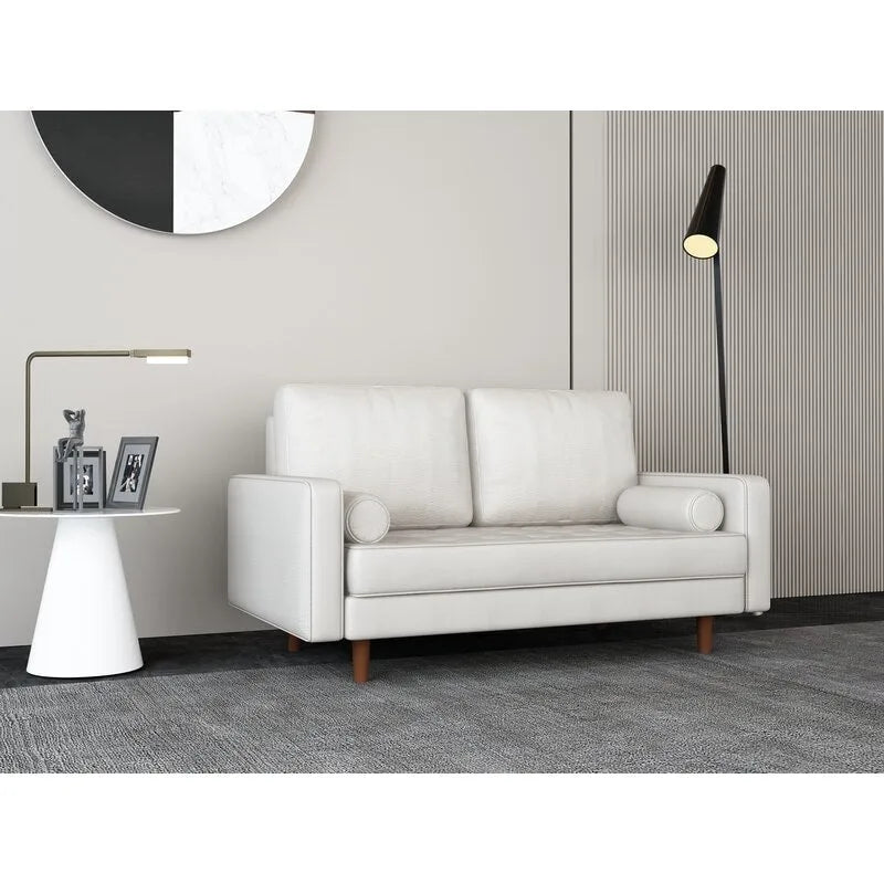 59 Divano a due posti in pelle con braccioli quadrati di metà secolo