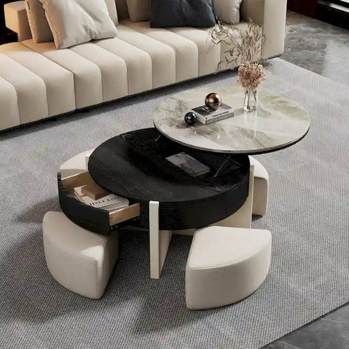 31.5  Modern Coffee Table, Lift Top Coffee Table with 3 Ottomans, Black - 31.5  X 31.5 